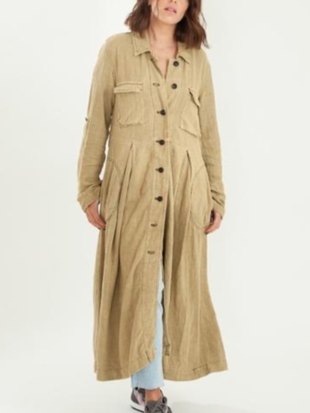 NWOT Free People Raine Long Button-Front Utility Duster Khaki- XS